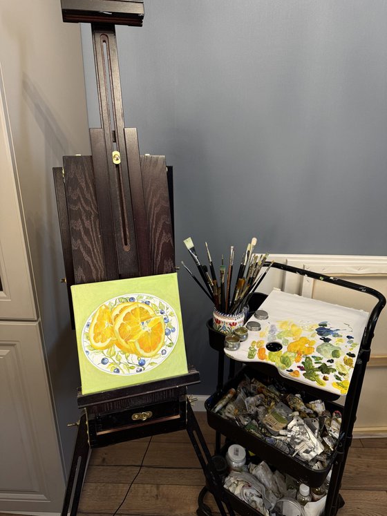 “Orange rhythm on a blue surface”