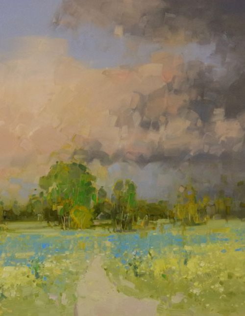 Yellow Meadow Landscape Handmade oil painting One of a kind Large Size by Vahe Yeremyan
