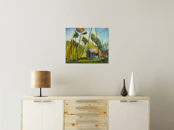 LANDSCAPE WITH A HOUSE - bright landscape oil painting with a small house in the forest living room art home décor gift idea