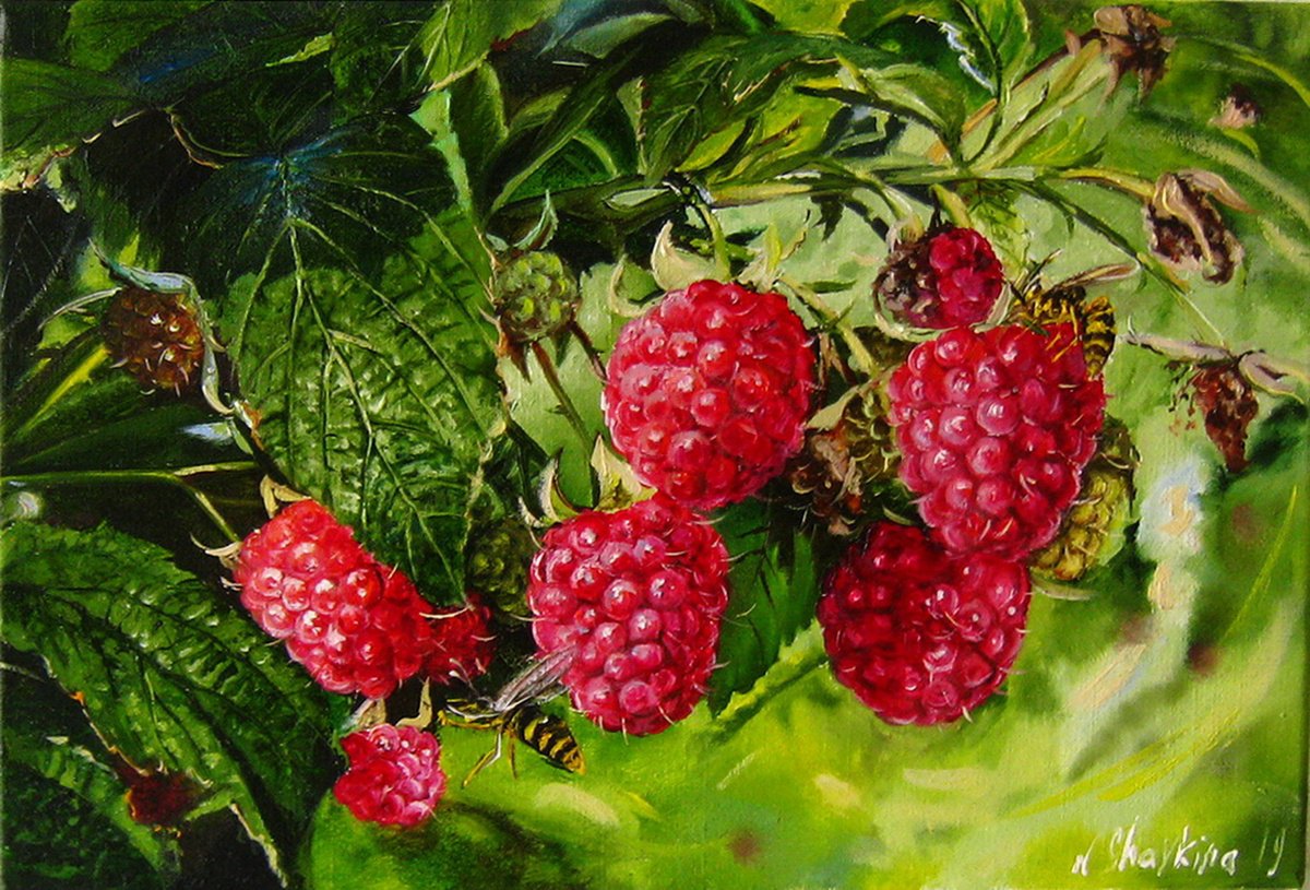 Photorealistic Botanical Oil Painting By Natalia Shaykina, 12 X 8", Summer Raspberries And Wasps, Original Artwork