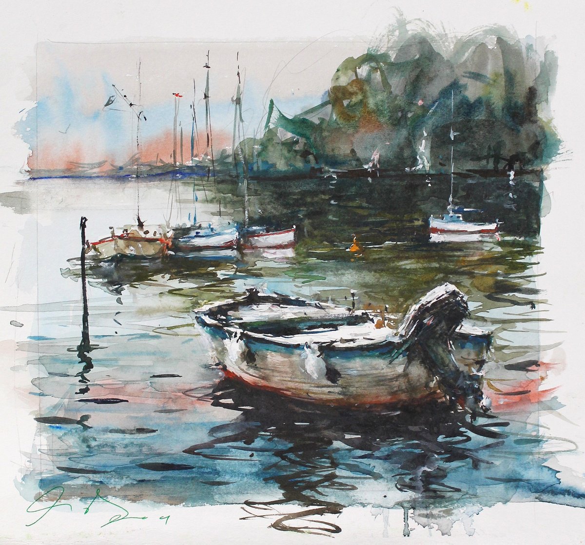 Impressionistic Landscape Watercolour By Maximo Damico, 12 X 12", Amalfi Harbour, Original Artwork