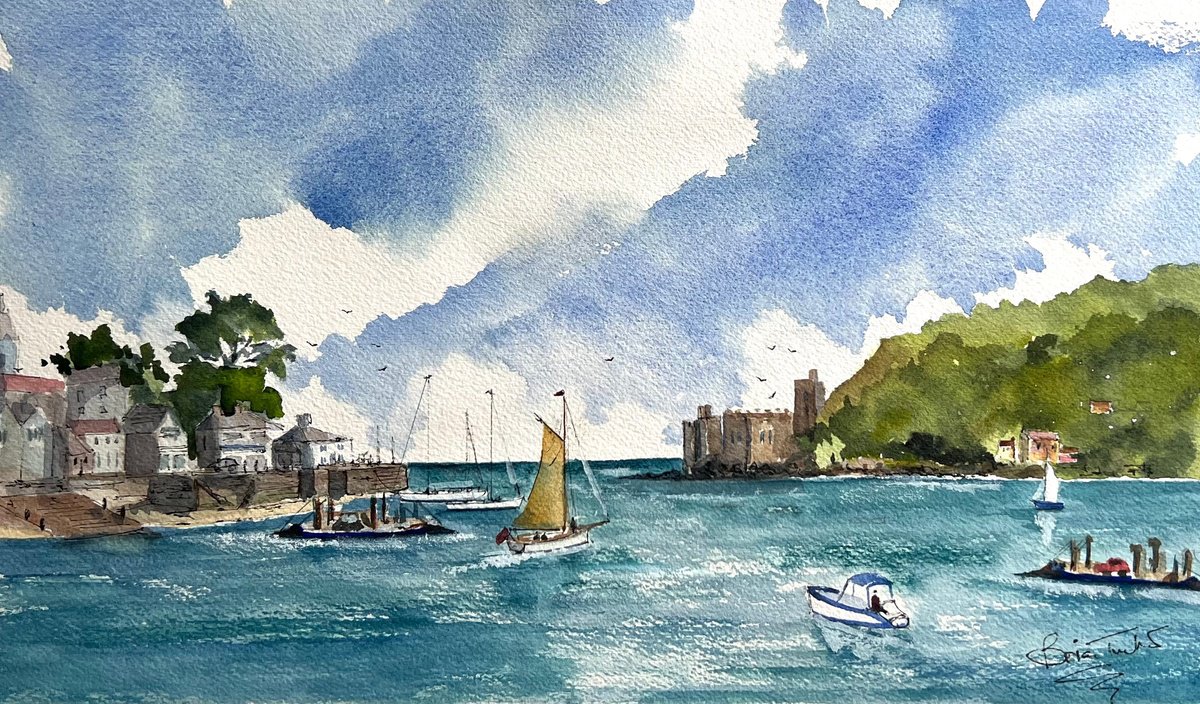 Expressive Landscape Watercolour By Brian Tucker, 14 X 8, The Dart Estuary, Original Artwork