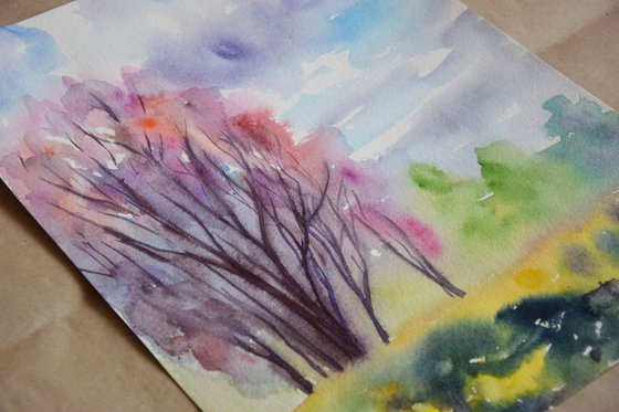 Spring blooming trees original watercolor painting