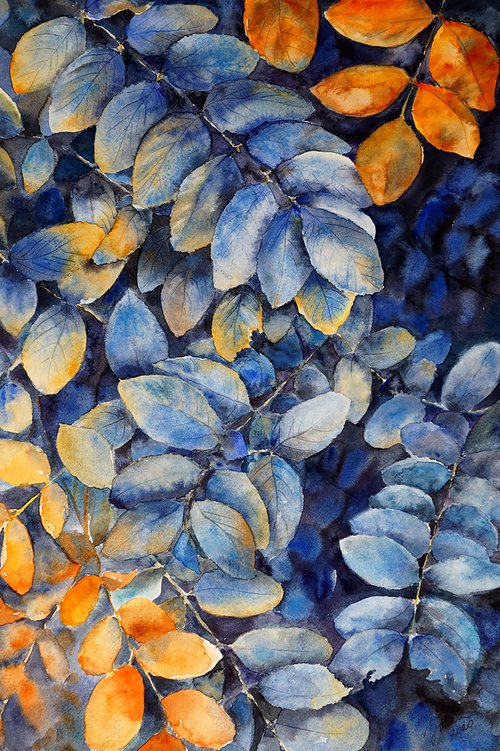Watercolor Leaves - ORIGINAL Painting - Flames Botanical Art by Yana Shvets