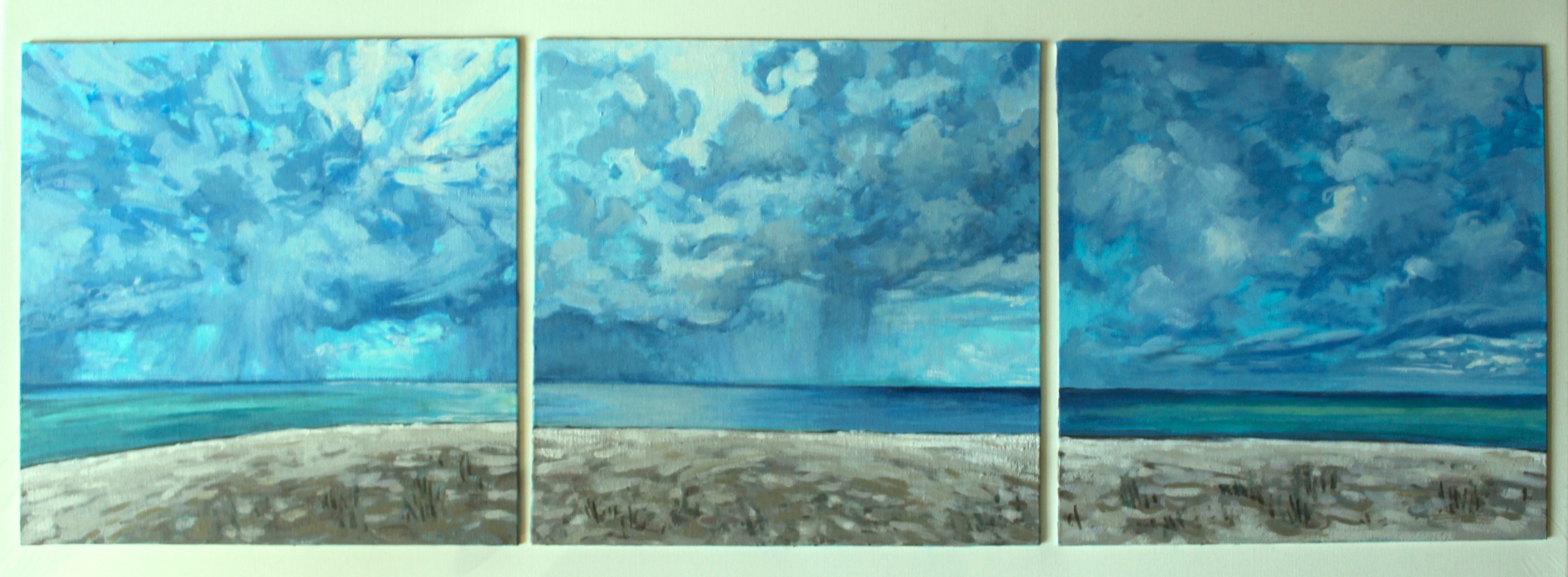 Impressionistic Landscape Acrylic Painting By Joanna Plenzler, 30 X 10, Rain At Sea, Original Artwork