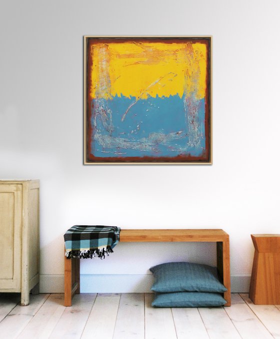 Once in Yellow & Blue Square - Ronald Hunter - Abstract Painting - Incl Frame - 34A