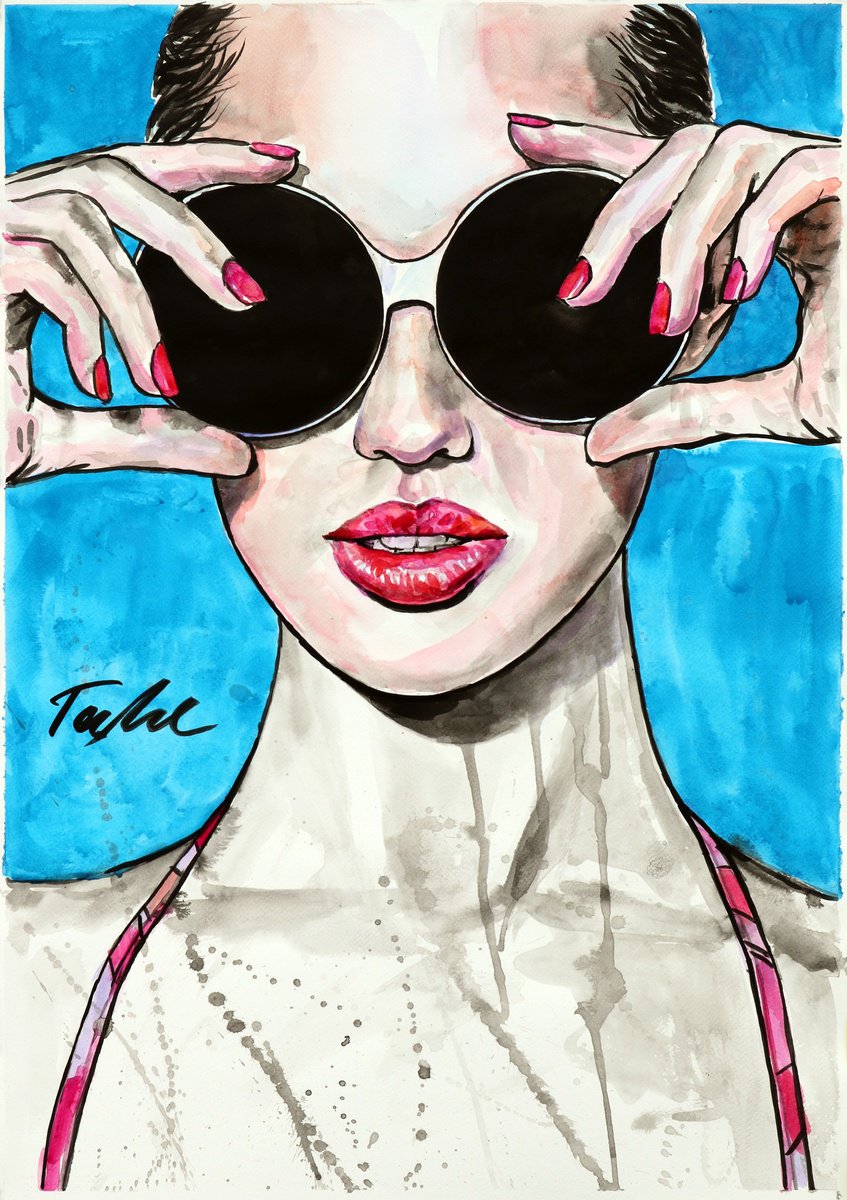 Urban And Pop Portrait Ink Drawing By Tashe, 20 X 28", Blue Horizon, Original Artwork