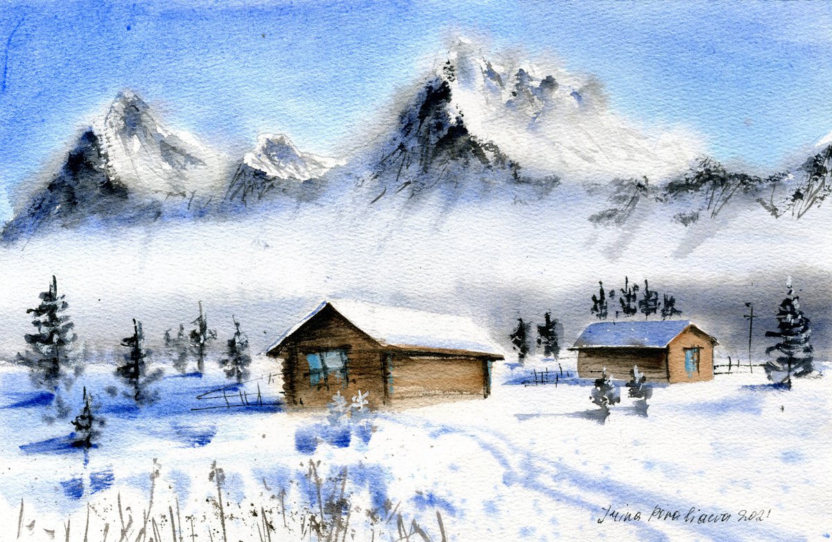Mountain chalet original medium watercolor painting in nature colores, winter sunny artwor... by Irina Povaliaeva