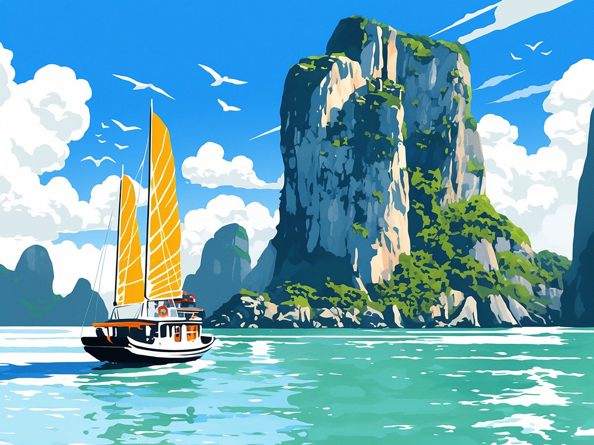 Landscape Acrylic Painting By Kosta Morr, 31 X 24", Ha Long Bay, Original Artwork