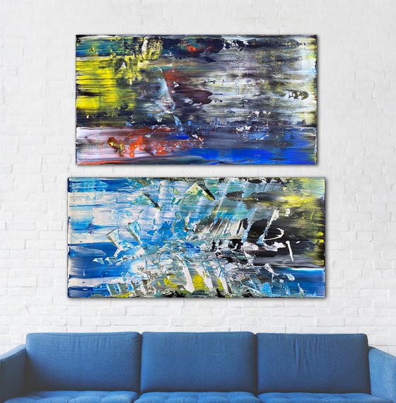 Soul Searching - Original PMS Abstract Acrylic Painting Diptych On Recycled Wood and Wooden Desk Panels - 55" x 54"