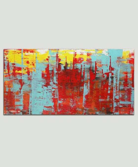 XL Abstract Painting - Static in Red - 180x90 cm - Ronald Hunter - 17D