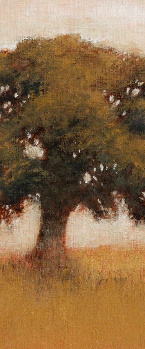 Golden Oak Tree 220507, earth tones tonal landscape with trees by Don Bishop