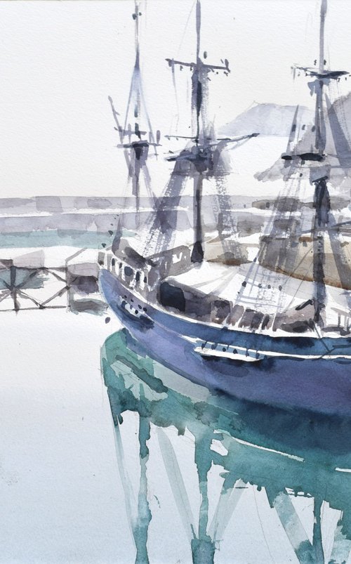 Sailboat in Charlestown harbor by Goran Žigolić Watercolors