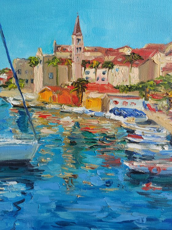 Beach towns in Tuscany oil painting blue ocean landscape wall decor 12x12"