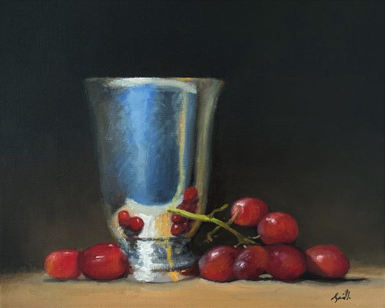 Original Oil Still Life Red Grapes with Antique Silver Goblet.