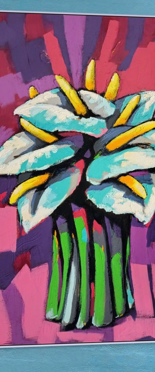 Exotic Flowers on Violet Background by Evgen Semenyuk