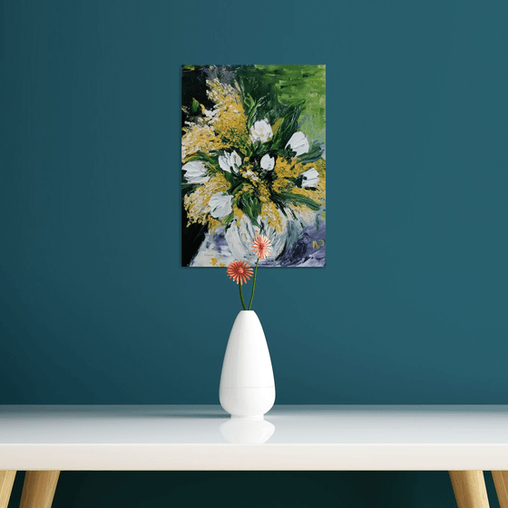 Mimosa, impressionistic floral oil painting, original flowers in vase