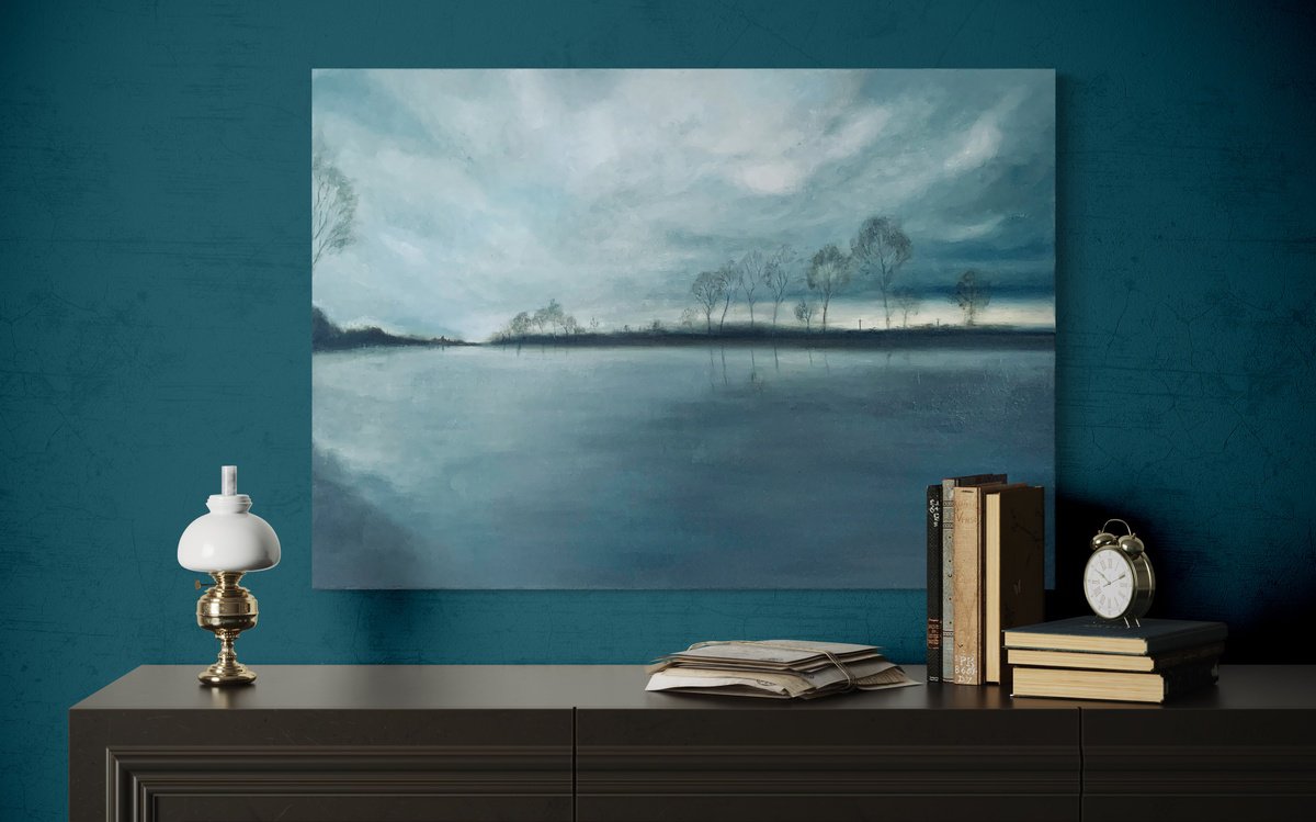 Impressionistic Landscape Oil Painting By Renata Retrova, 39 X 28", The Labbe River At Last Light, Original Artwork