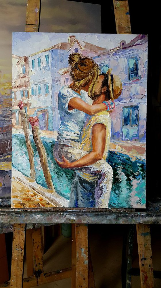 "Love in Venice" - Painting on canvas, oil painting, people art, citycape Venice, citycape, painting canvas, Impressionism,palette knife