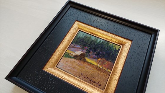 Barn oil painting original, Landscape pine forest painting small art framed, Miniature painting guest gift