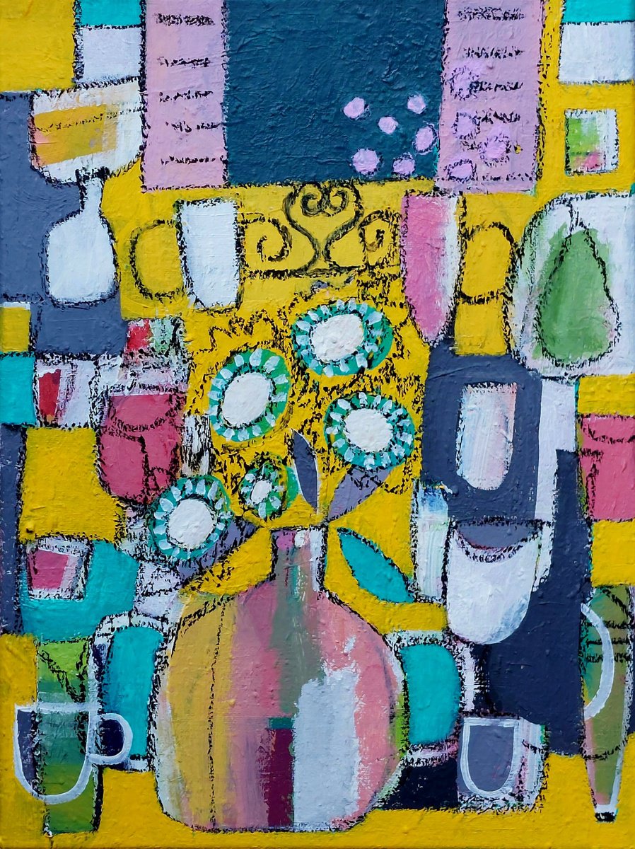 Abstract Still Life Acrylic Painting By Jan Rippingham, 12 X 16, Pink Shutters Iii, Original Artwork