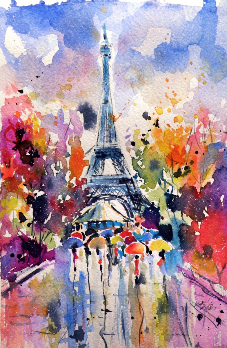 Impressionistic Cityscapes Watercolour By Kovacs Anna Brigitta, 7 X 10", Paris Ii, Original Artwork