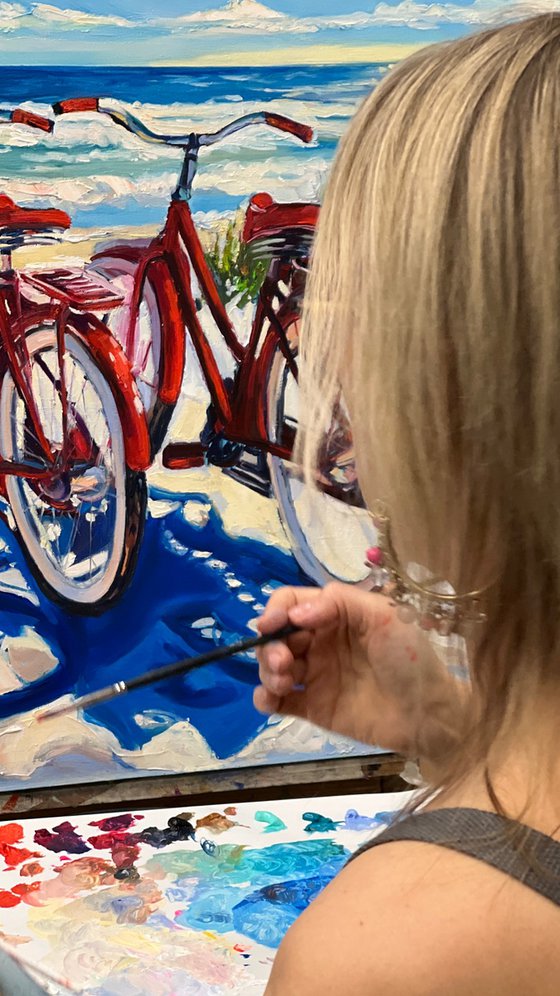 Red Bicycles by the Ocean