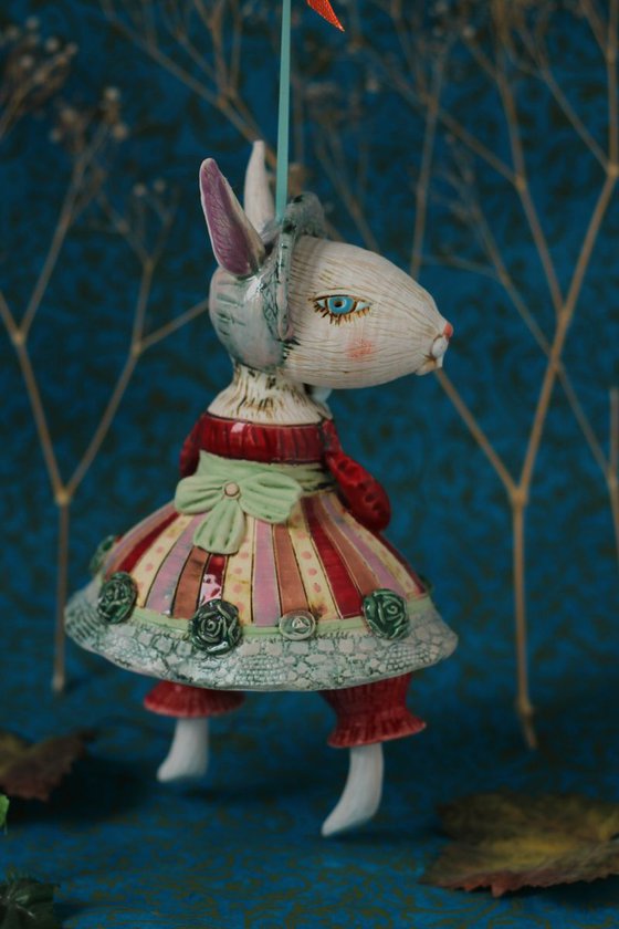 Rabbit mom, hanging sculpture, bell doll by Elya Yalonetski