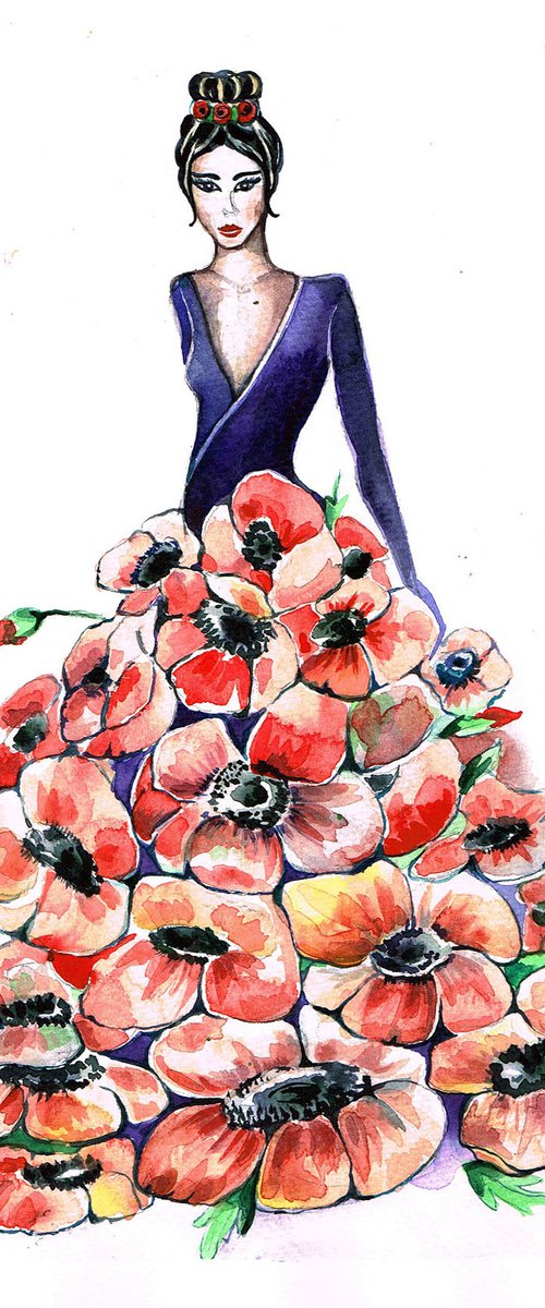 Lady in Red Poppy Dress by Diana Aleksanian