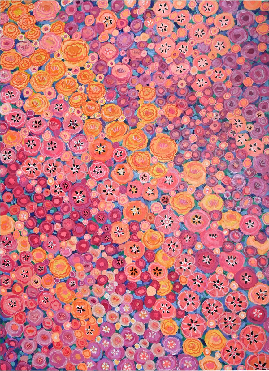 Abstract Botanical Acrylic Painting By Mima Taneva, 29 X 39", Spring Morning, Original Artwork