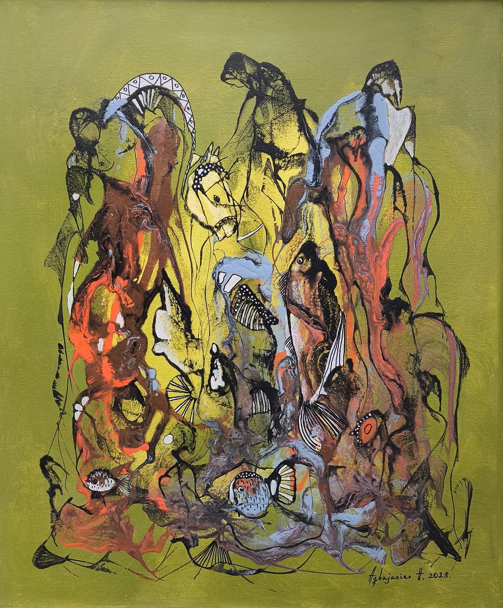 Abstract Portrait Oil Painting By Harutyun Aghajanyan, 20 X 24, Entangled World, Original Artwork