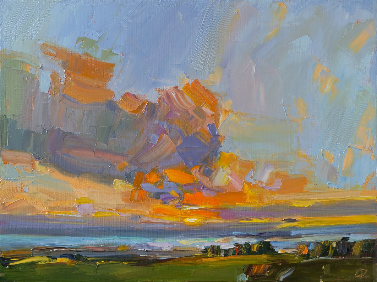 Impressionistic Landscape Oil Painting By Daria Zavadenko, 16 X 12, Evening Blaze, Original Artwork