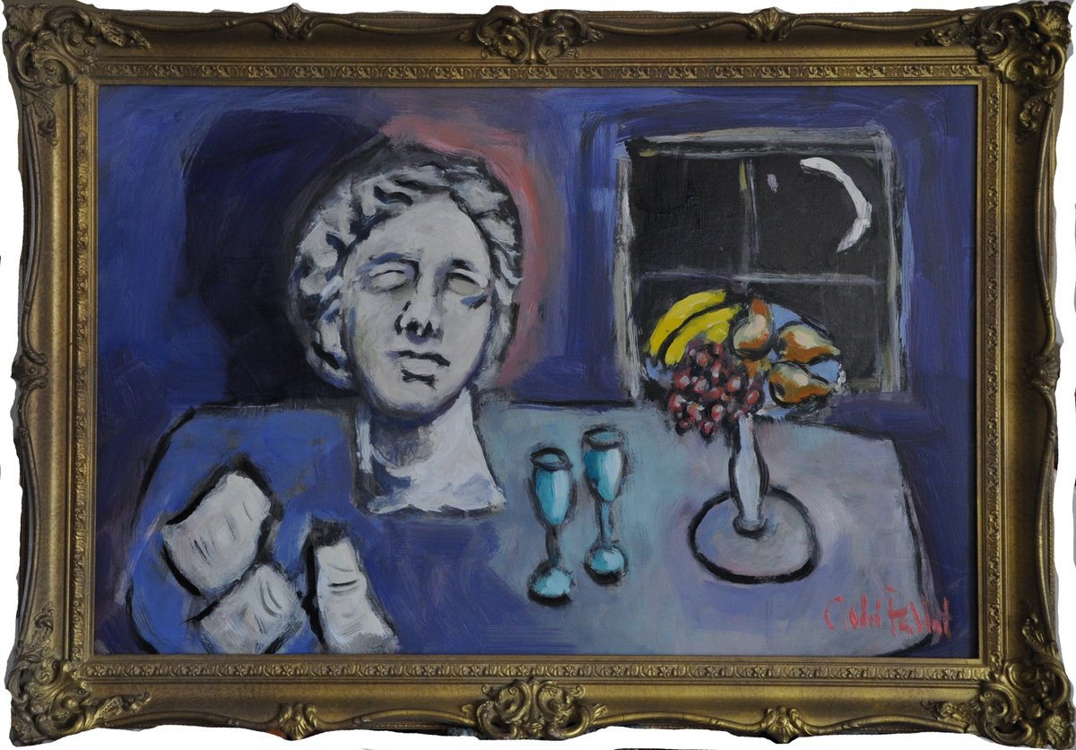 Impressionistic Still Life Oil Painting By Andre Pallat, 34 X 24, Still Life With Greek Bust, Original Artwork