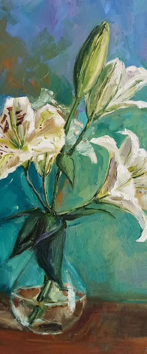 White lilies, Lily bouquet still life by Leyla Demir