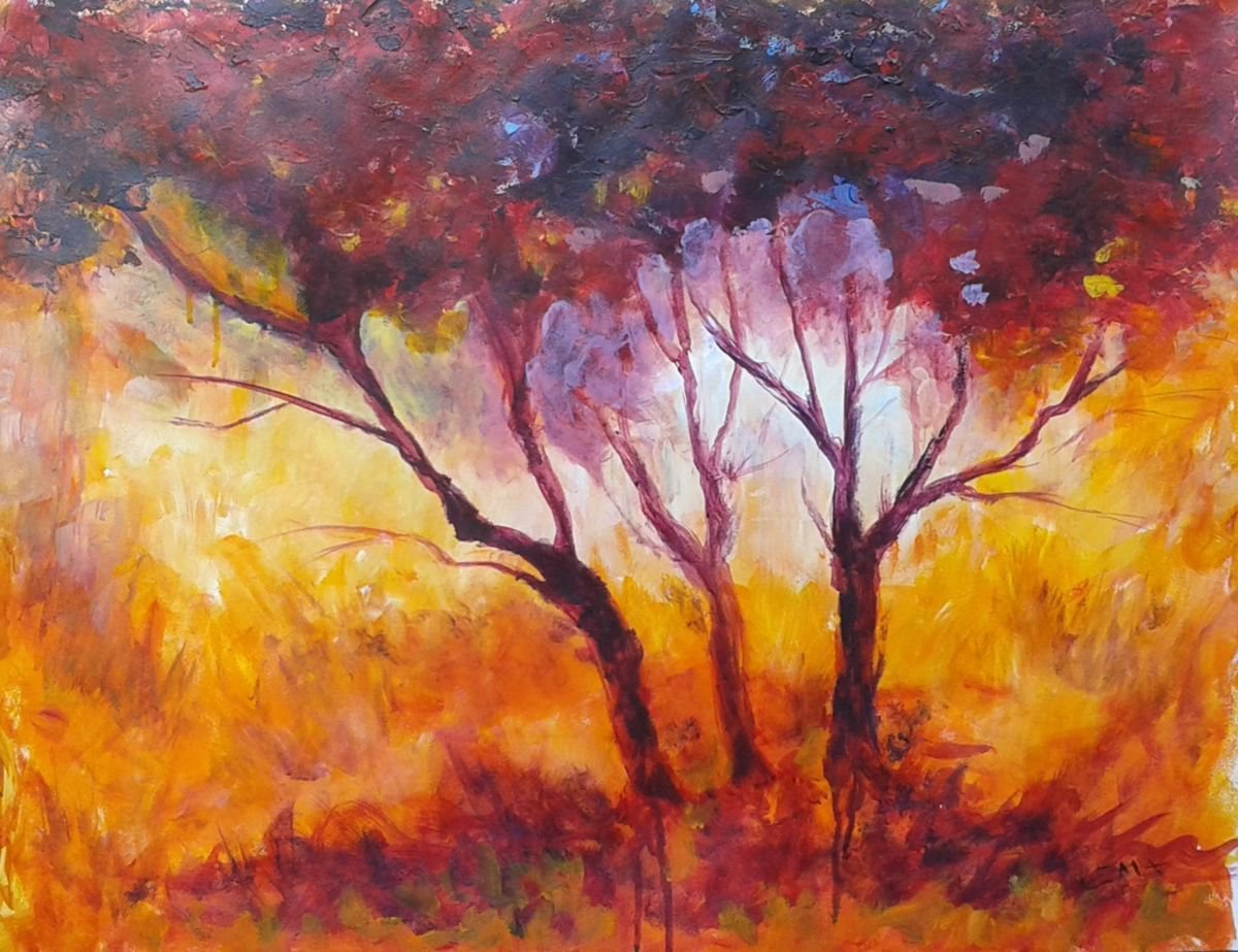 GOLDEN TOUCH, 69.5 x 52.5 cm, trees at sunset landscape painting in warm colors by Emilia Milcheva