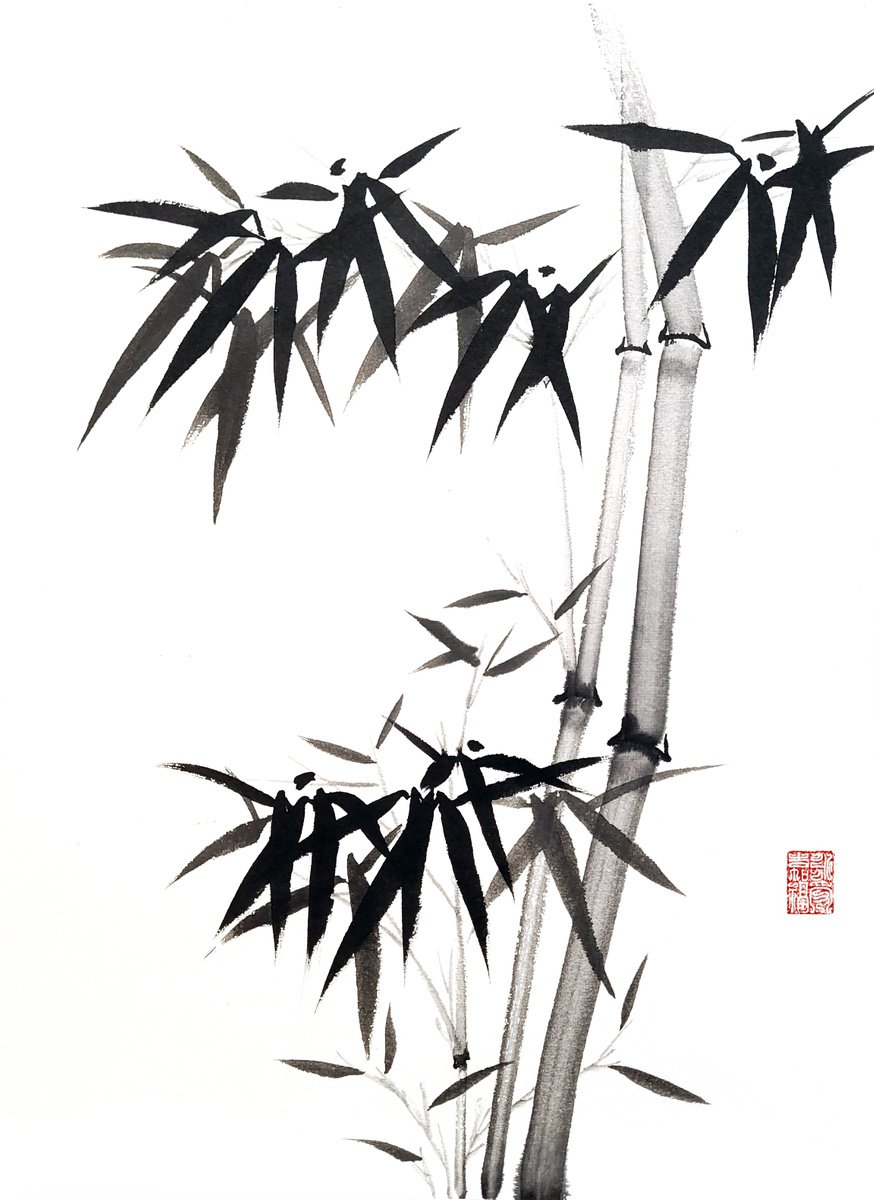 Two bamboo branches - Bamboo series No. 2101 - Oriental Chinese Ink Painting by Ilana Shechter