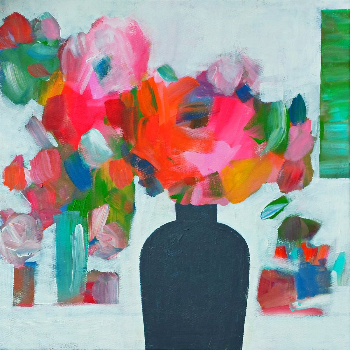 Abstract Botanical Acrylic Painting By Jan Rippingham, 16 X 16, Summer Flowers In A Grey Vase, Original Artwork