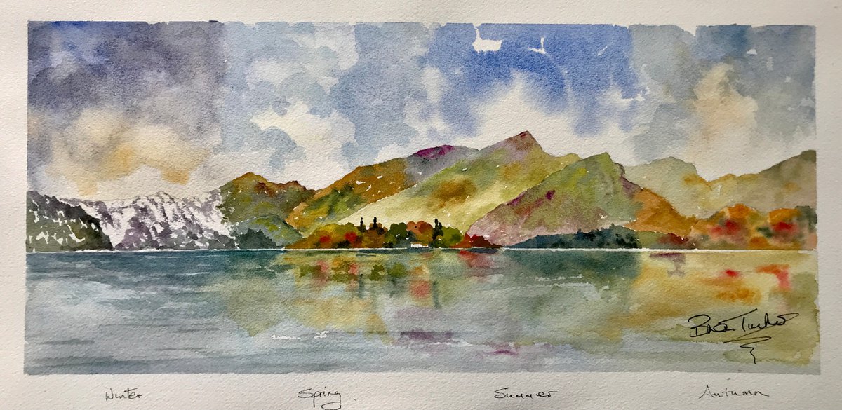 Impressionistic Landscape Watercolour By Brian Tucker, 18 X 8, Four Seasons At Derwentwater, Original Artwork
