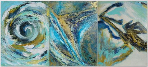 Blue and Gold Textured Art. Set of 3