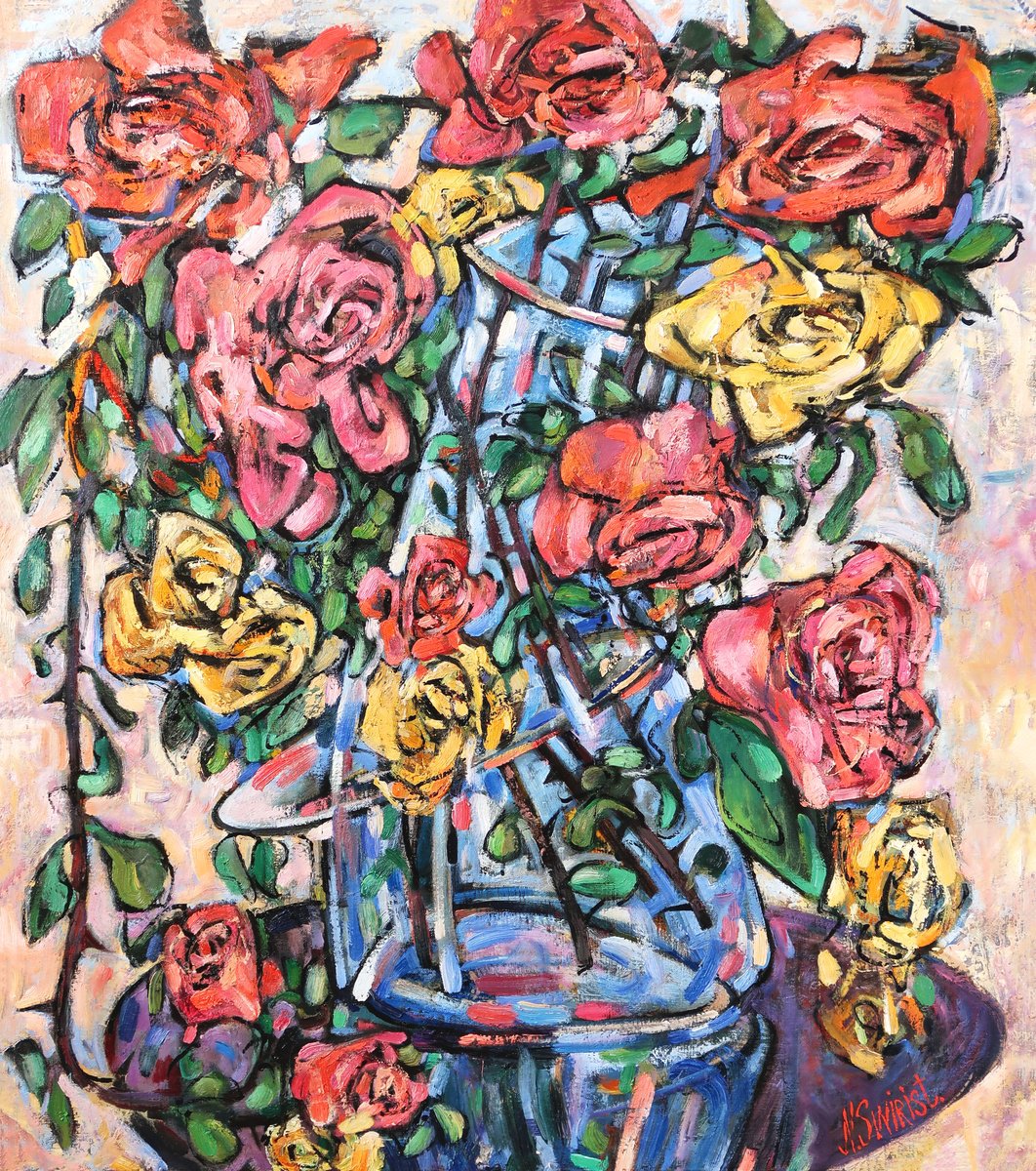 Impressionistic Botanical Oil Painting By Nikifor Swiristuhin, 31 X 35", Only Roses., Original Artwork