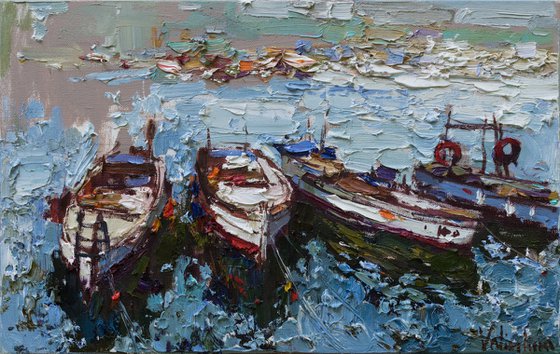 Boats in the bay - Original oil painting