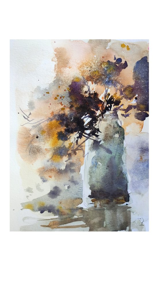 Flowers in a vase Original Watercolour Painting, original semi-abstract painting, wall art flowers, original for her, contemporary art fleur