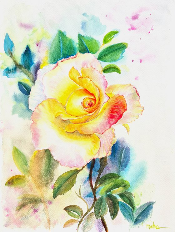 Yellow rose with leaves