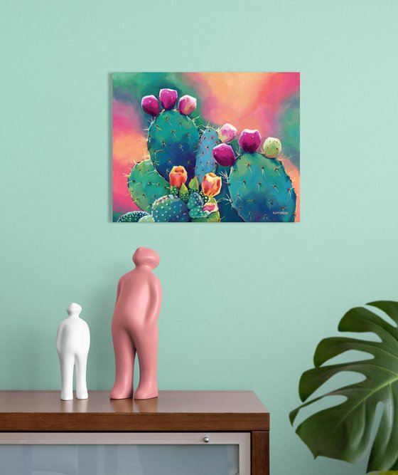 Prickly pear cactus painting abstract, Cactus flowers blossom, Colorful ...