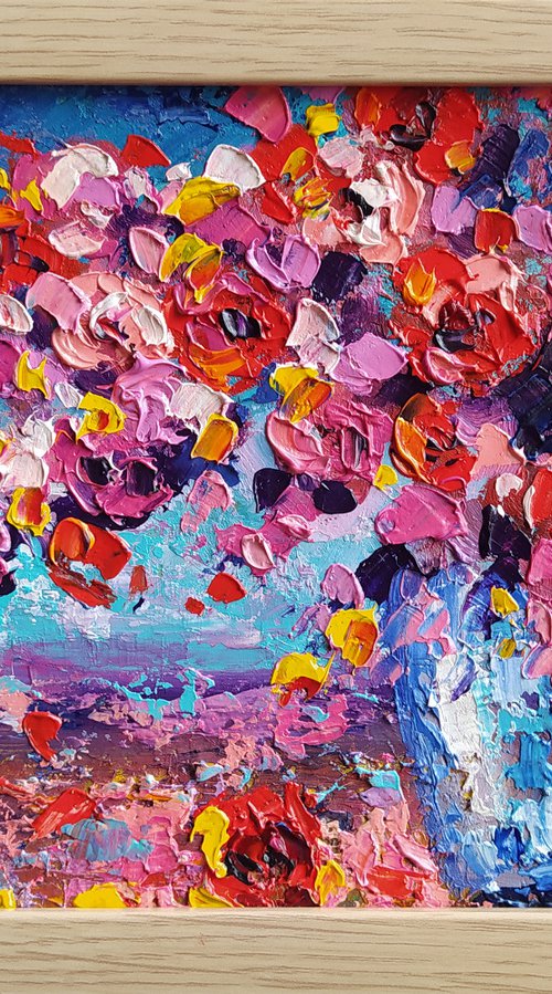 Red tint of flowers - painting, framed, flowers oil painting, bouquet, flowers, impressionism, palette knife, gift. by Anastasia Kozorez