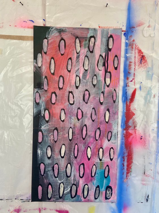 DAILY DOSE- a vertical painting, pink, black and white, circles, modern