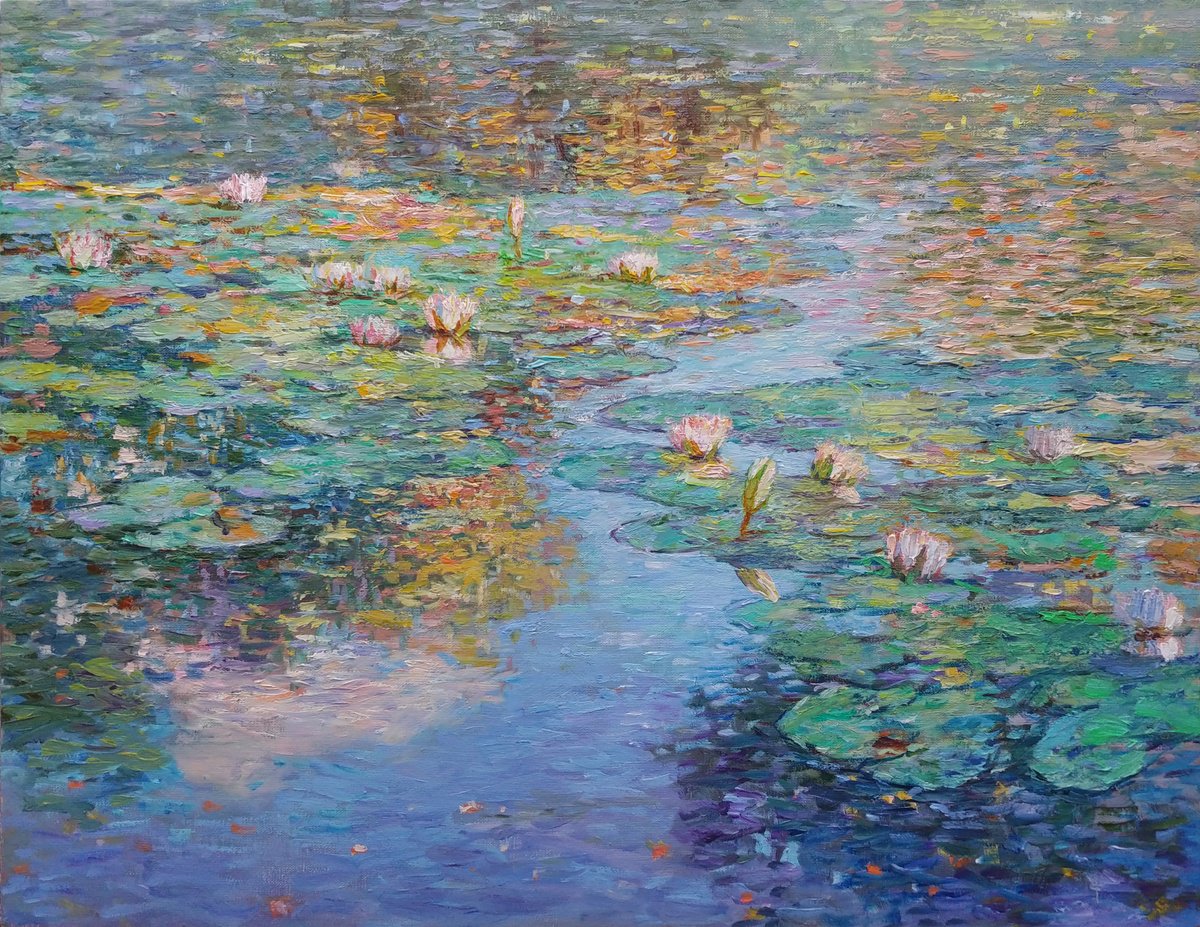 Impressionistic Botanical Oil Painting By Svitlana Koval, 18 X 14", Lake Of White Lilies, Original Artwork