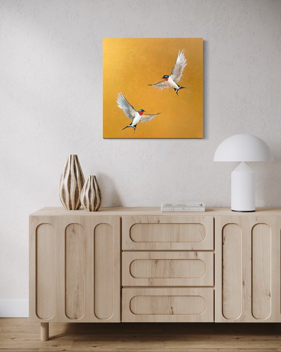 Two Swallows on Gold