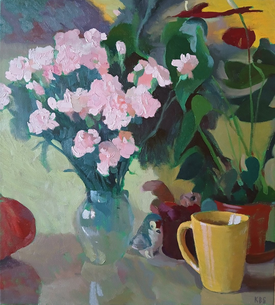Impressionistic Botanical Oil Painting By Vasyl Koval, 18 X 20", Morning Tea, Original Artwork