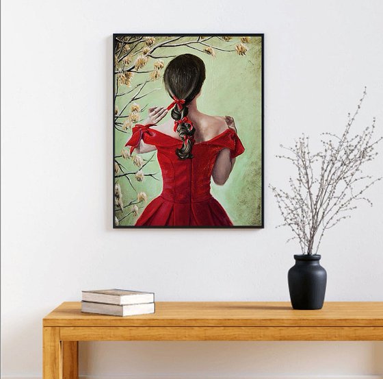 A woman in red